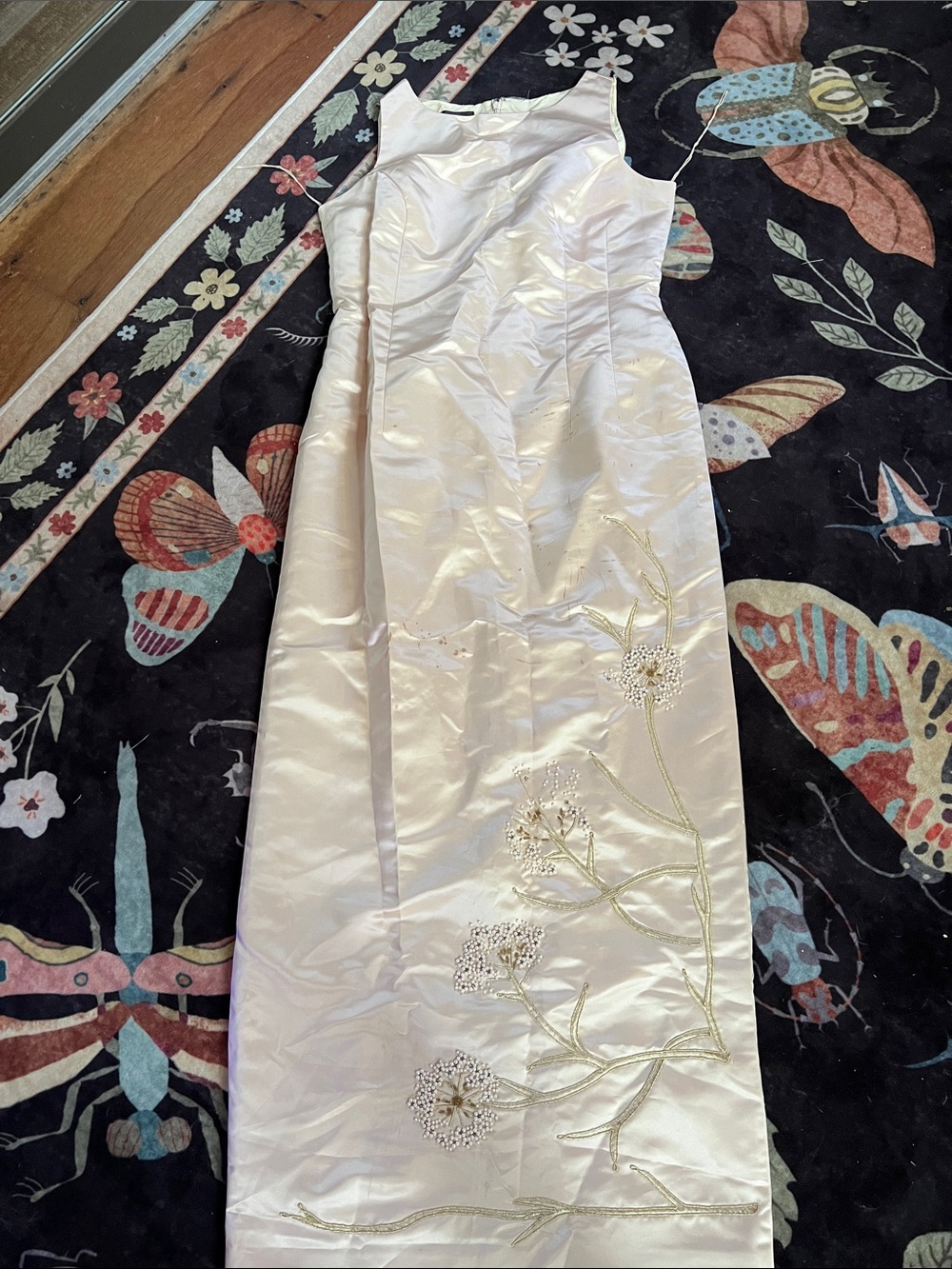 Donna Morgan Ivory Satin Embroidered Sheath Dress